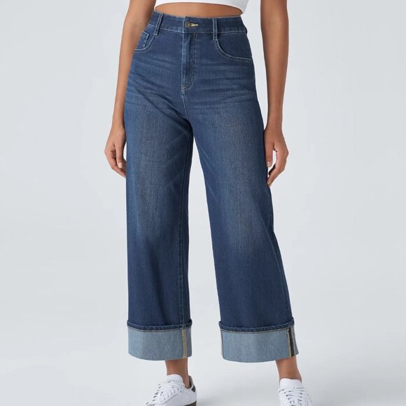 HALARA Flex™ High Waisted Multiple Pockets Rolled Hem Wide Leg Knit Jeans - Picture 1 of 5